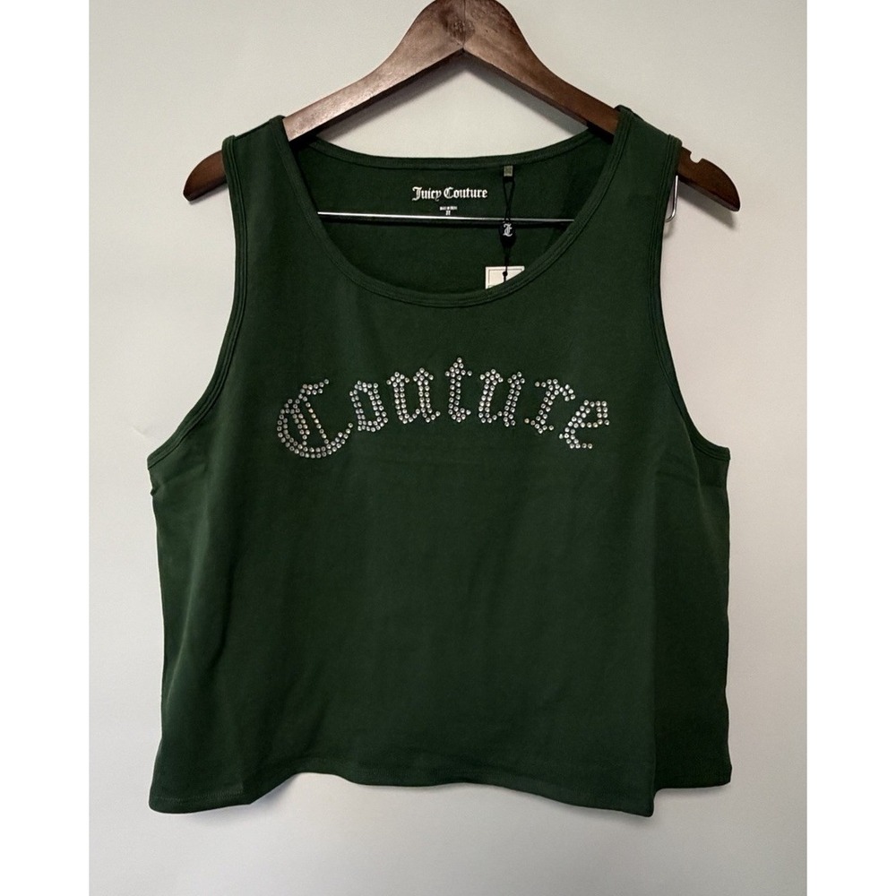 New Juicy Couture Bling Rhinestone Logo Green Ribbed Tank Top 3X Y2K Style 90s
